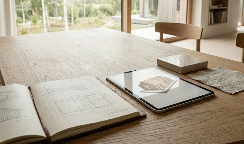 Open book and tablet on a wooden table with a view of a garden through large windows.